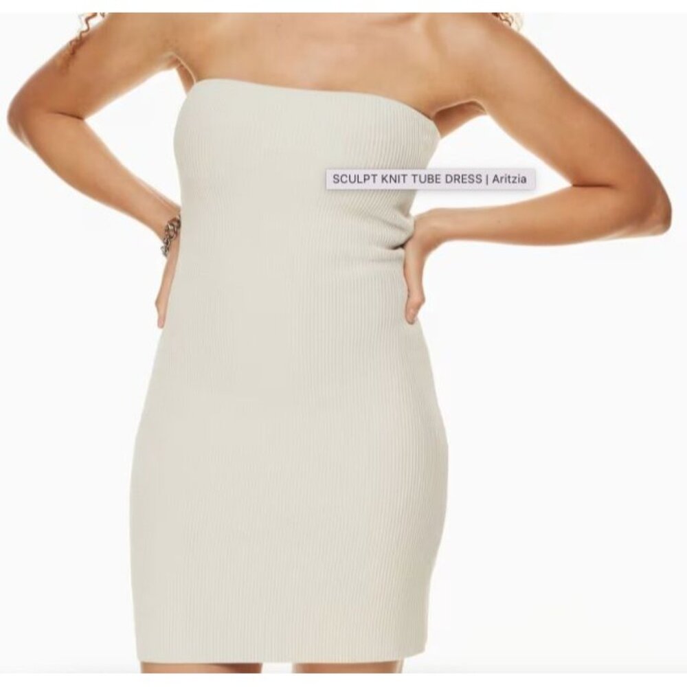 Babaton Aritzia Sculpt Knit Tube Dress Off White Beige Ribbed Strapless Mini n2